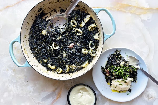 Spring green & squid fideua negra