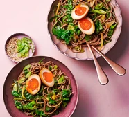 Spring green soba salad with Korean-style marinated eggs