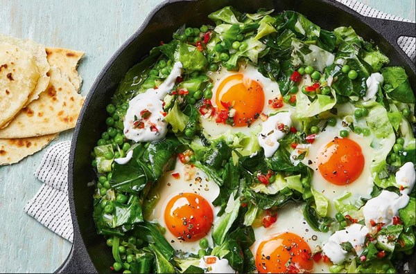 Spring greens baked eggs