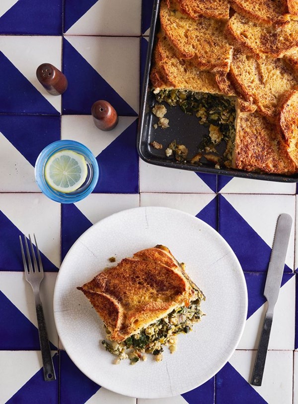 Spring greens, feta and lemon pie with French toast crust