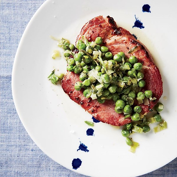 Spring ham steaks with sweet pea-leek pan sauce