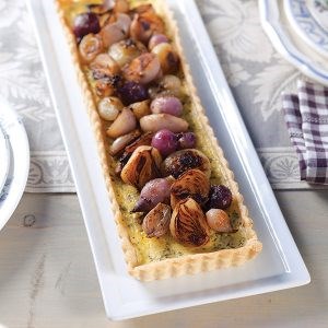 Spring herb quiche with roasted shallots and cipollini onions