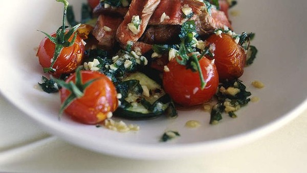 Spring lamb fillets with grilled zucchini, mint and almonds
