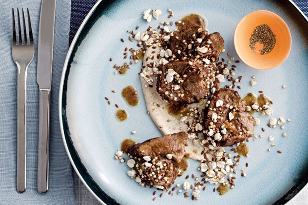 Spring lamb neck with puffed grains and spiced yoghurt