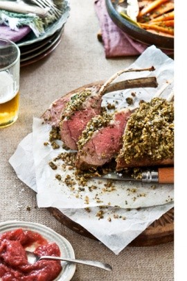 Spring lamb rack with caper & herb crust and rhubarb compote
