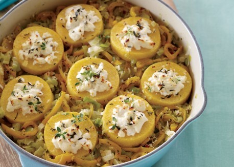 Spring leek hash with polenta and goat cheese