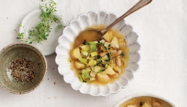 Spring leek soup with purple sage