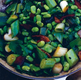 Spring leeks, broad beans and bacon