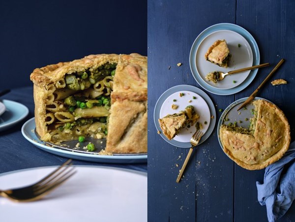 Spring Maltese pasta pie with asparagus, peas, and leeks (Timpana)