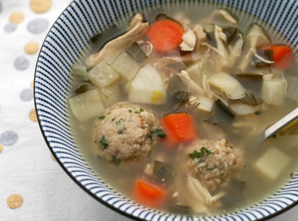 Spring matzo ball soup with herb matzo balls