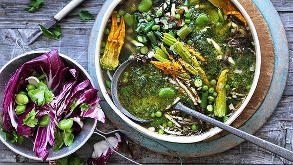 Spring minestrone with bacon, pesto, asparagus and broad beans