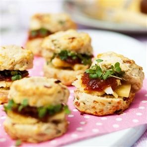 Spring onion and bacon scones with cress, cheese and chutney
