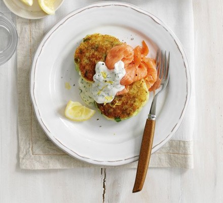Spring onion and potato cakes with smoked salmon