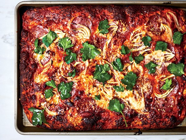 Spring onion and salami sheet-pan pizza