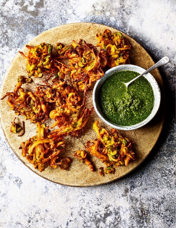 Spring onion bhajis with mint and coriander chutney