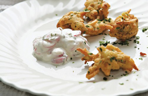 Spring onion bhajis with radish raita