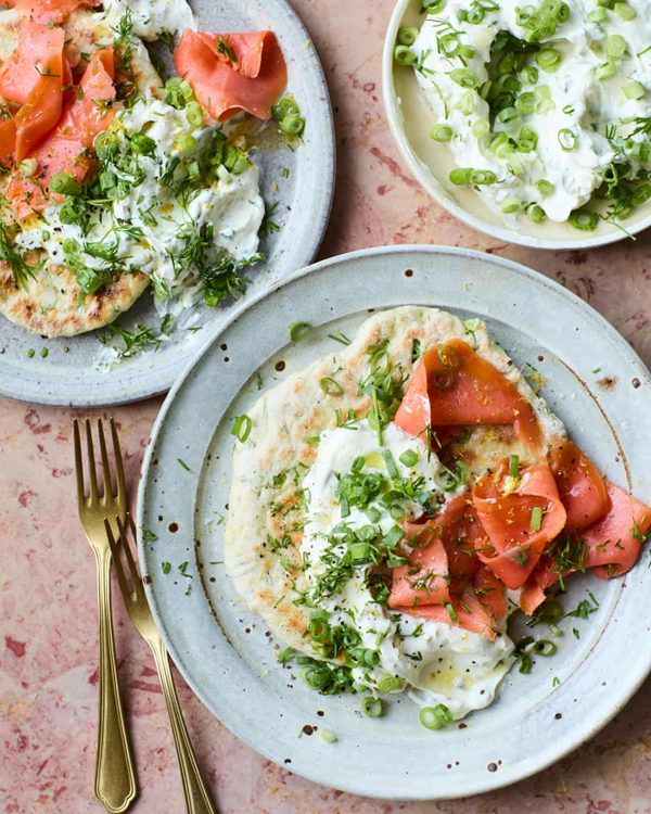 Spring onion flatbreads with smoked salmon