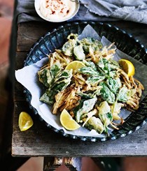 Spring onion fritters and crisp broad bean leaf tips with preserved lemon mayonnaise