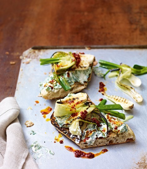 Spring onion, herby ricotta and 'nduja toasts