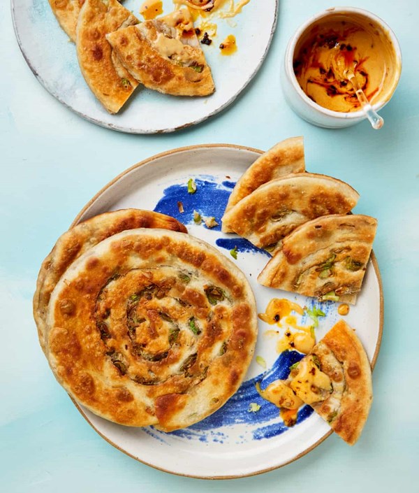 Spring onion pancakes with sesame sauce