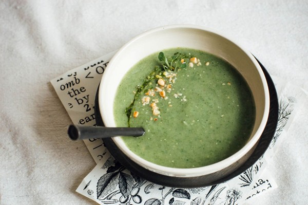 Spring onion, spinach and pine nut soup with toasted cumin