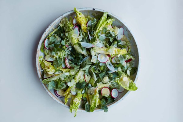 Spring onions and little gems with miso dressing