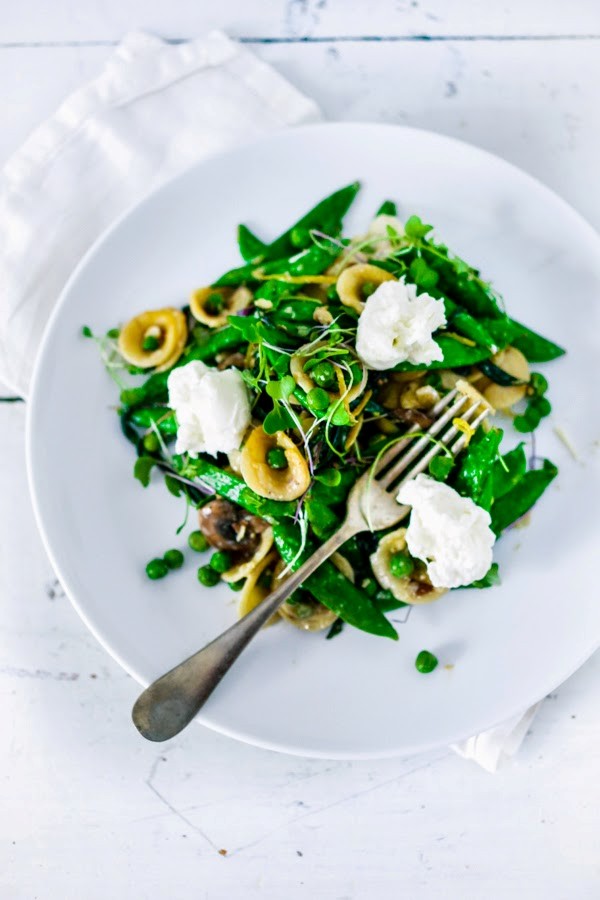 Spring orecchiette pasta with burrata