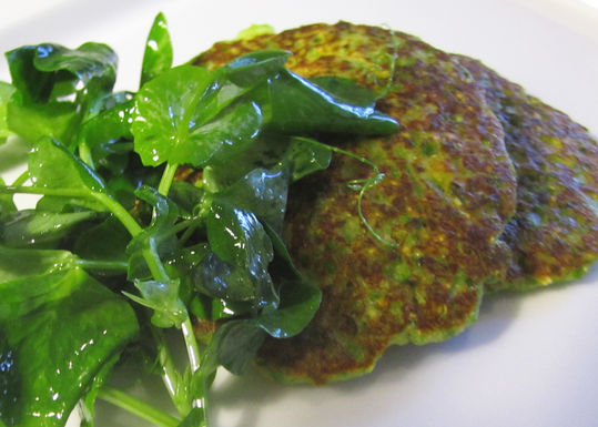 Spring pea and crab pancakes with pea tendril salad