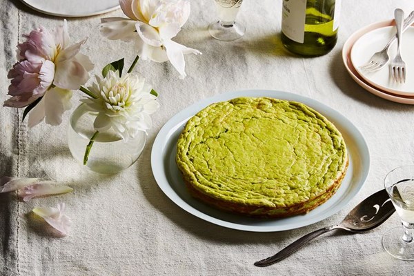Spring pea and ricotta torte with lemon and mint