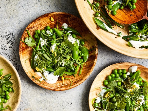 Spring pea chaat with lemon raita