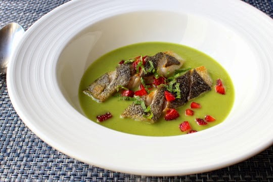 Spring pea green curry with black cod and strawberry