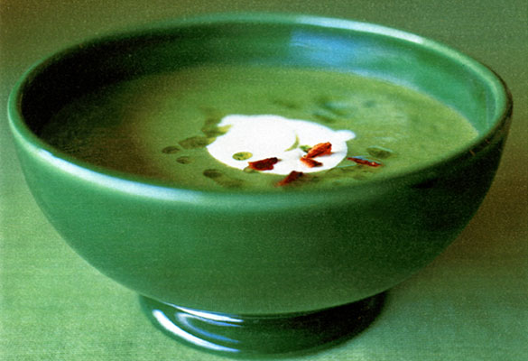 Spring pea soup with chive oil and crème fraîche