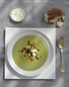 Spring pea soup with roasted pancetta and mint