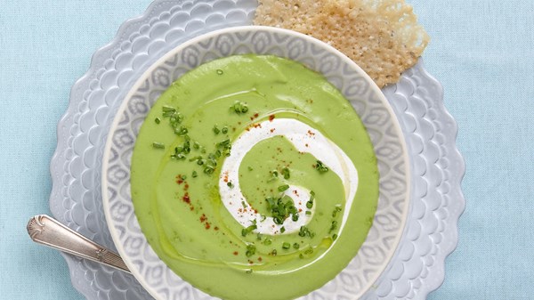 Spring pea soup with spiced cream