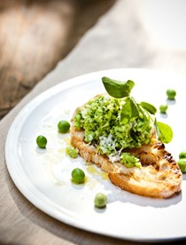 Spring pea toasts with lemon olive oil and fresh pea shoots