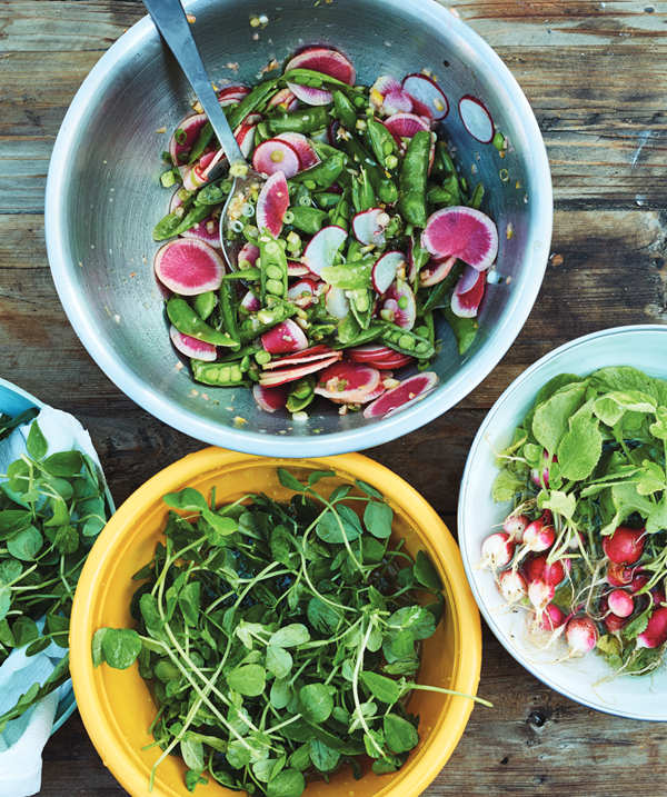 Spring peas with anchovy, lemon, and all the radishes