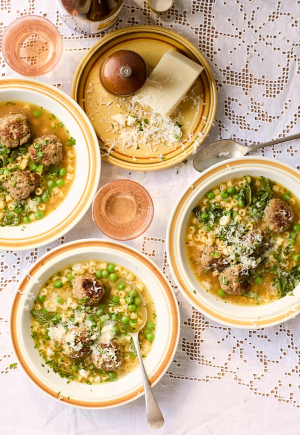 Spring pork meatballs with pasta and peas