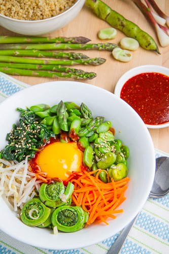 Spring quinoa bibimbap with asparagus, fiddleheads, fava bean and ramps