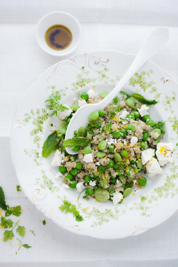 Spring quinoa salad with peas, favas, lemon and feta
