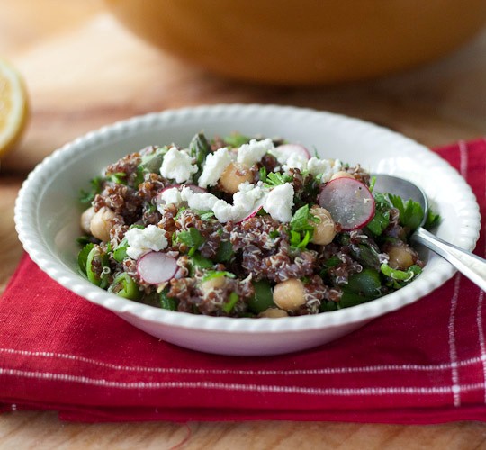 Spring quinoa with chickpeas, asparagus, and fresh peas