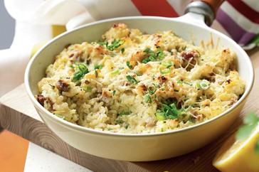 Spring rice with sausage, egg, lemon and pecorino