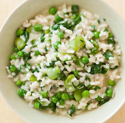 Spring risotto with peas, fava beans, and arugula