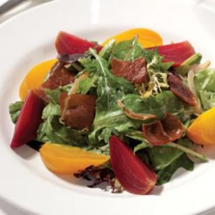 Spring salad with beets, prosciutto & creamy onion dressing