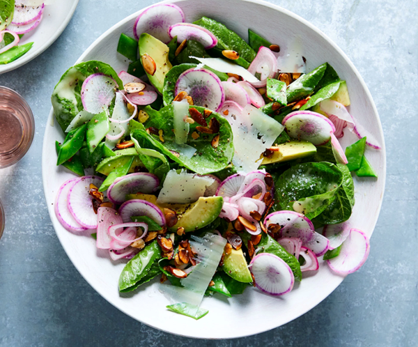 Spring salad with pickled shallot & avocado