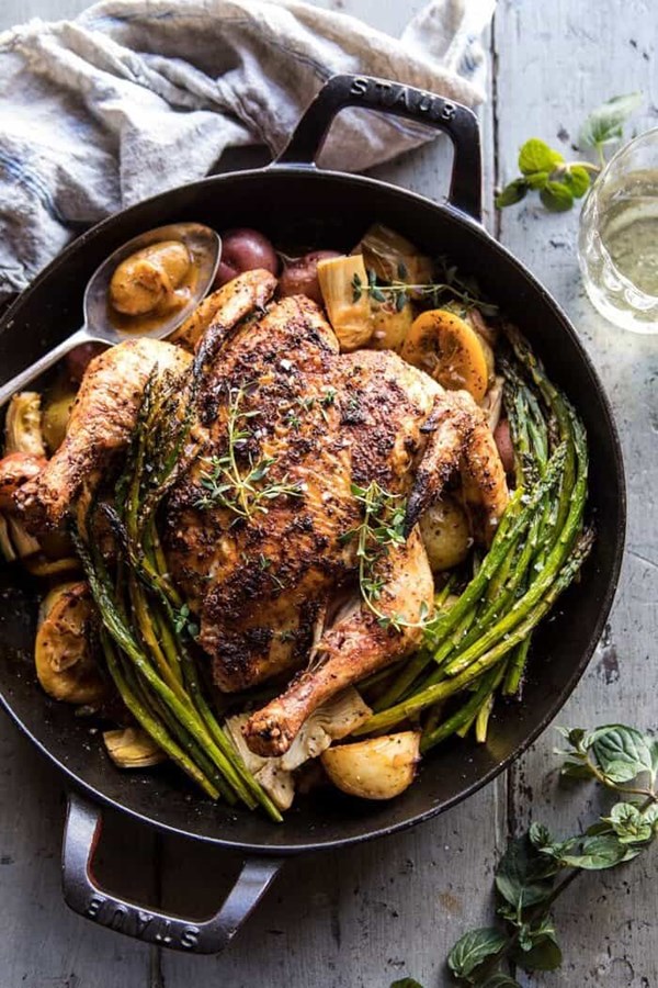 Spring skillet roasted lemon chicken and veggies