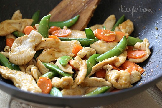 Spring stir fried chicken with sugar snap peas and carrots