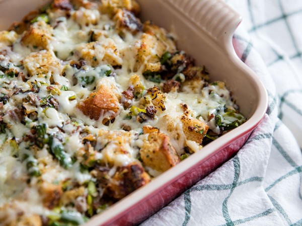 Spring strata with asparagus, leeks, sausage, and cheese