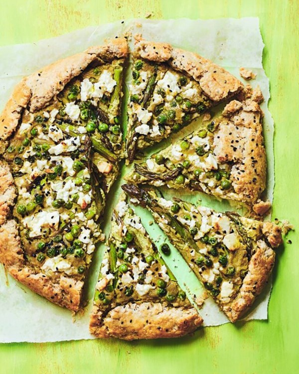 Spring veg, feta and miso-sesame galette 