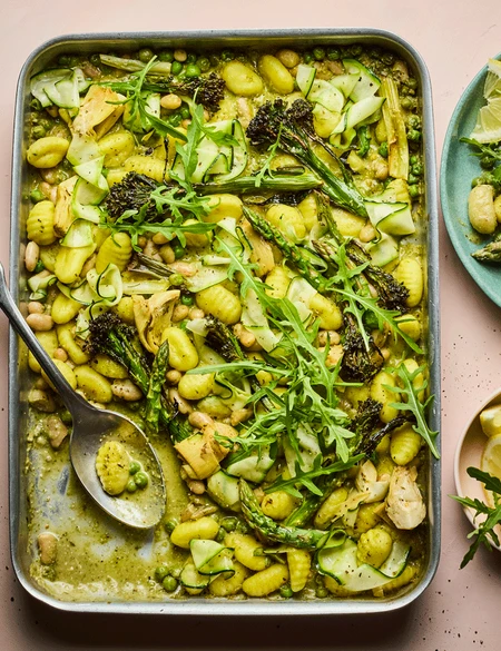 Spring veg medley pesto gnocchi bake