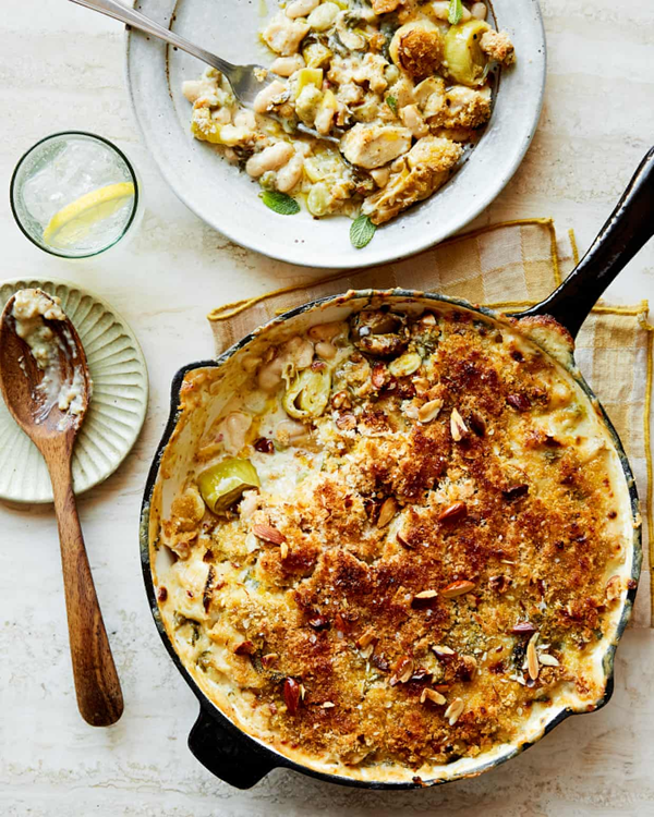 Spring vegetable and cannellini bean gratin